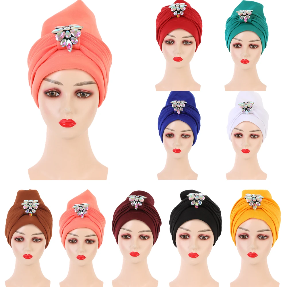 

African Aso Oke Women Muslim Chemo Cap Hijab Hat Diamond Auto Gele Headtie Turban Head Wrap Bonnet Hair Loss Wedding Party Cover