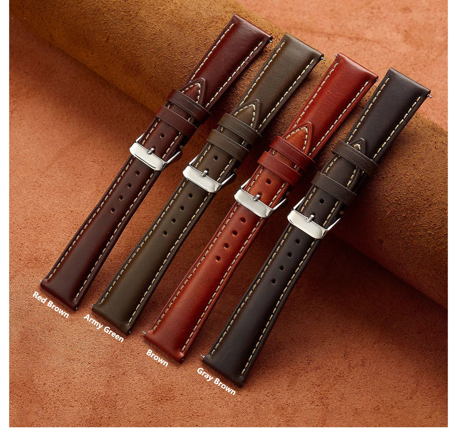 Wachs-Echtleder Uhrenarmband für Herren und Damen, Vollnarbiges Naturleder 18/19/20/21/22 mm Uhrenarmband mit Edelstahl-Schnalle – Detail 6