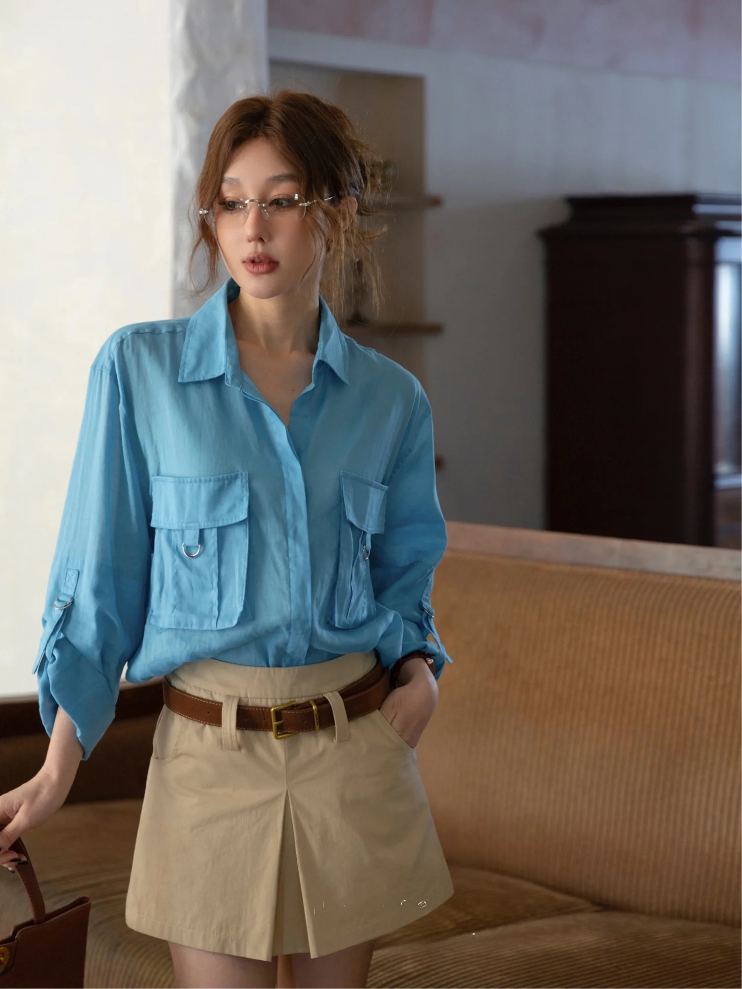 

Loose Fit Silk Shirt Women's Long Sleeve Turn-down Collar Korean Style Summer New Double Pocket Design Sun Protectio...