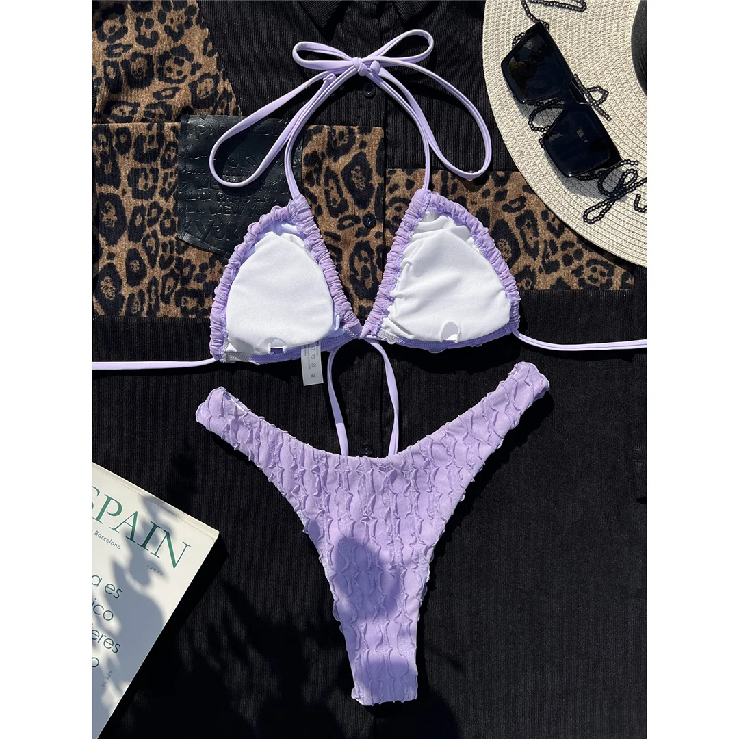 Gefalteter, um den Hals gewickelter, brasilianischer Bikini, Damen-Badeanzug, zweiteiliges Bikini-Set, Badebekleidung, Badeanzug, Schwimmbekleidung V4672 – Detail 10
