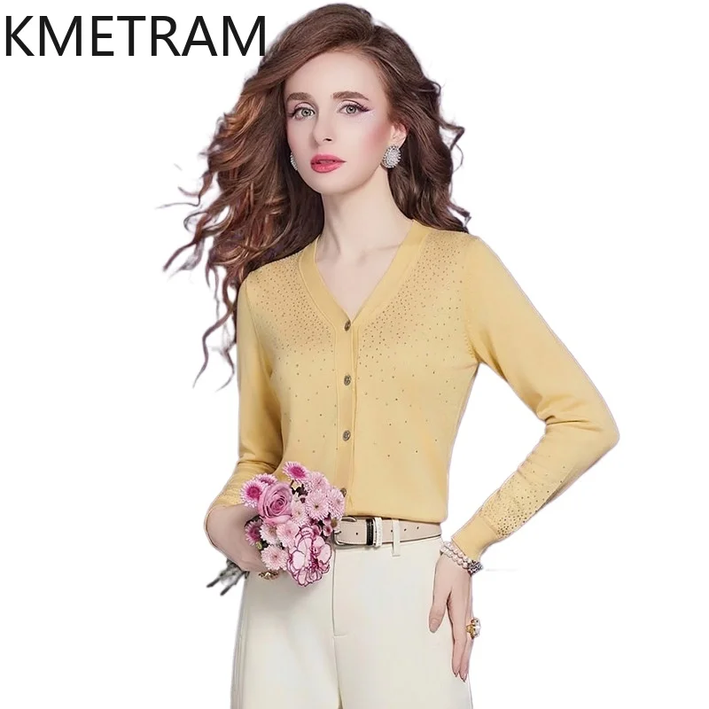 

KMETRAM Spring Blouses for Woman Drilling Knit Cardigan V-Neck Elegant Ladies Top High Quality Women Clothing 2026 блузка женска