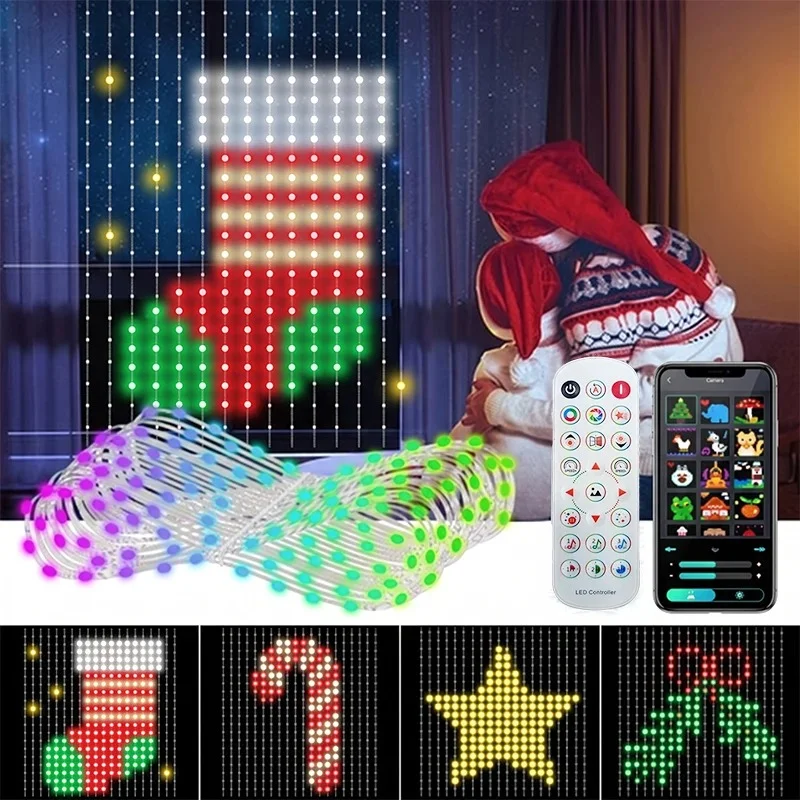 rgb-ledウィンドウカーテンライト、スマートアプリ制御の音楽同期diyパターンタイマー付きストリングライト、クリスマスパーティー用