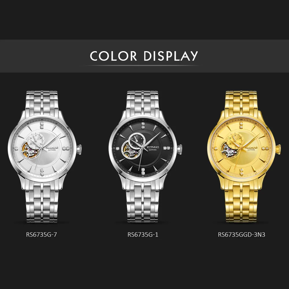 RUIMAS Gold Men Watch Luxury Stainless Steel Automatic Mechanical Watches Sapphire Glass Waterproof Wristwatch Relogio Masculino