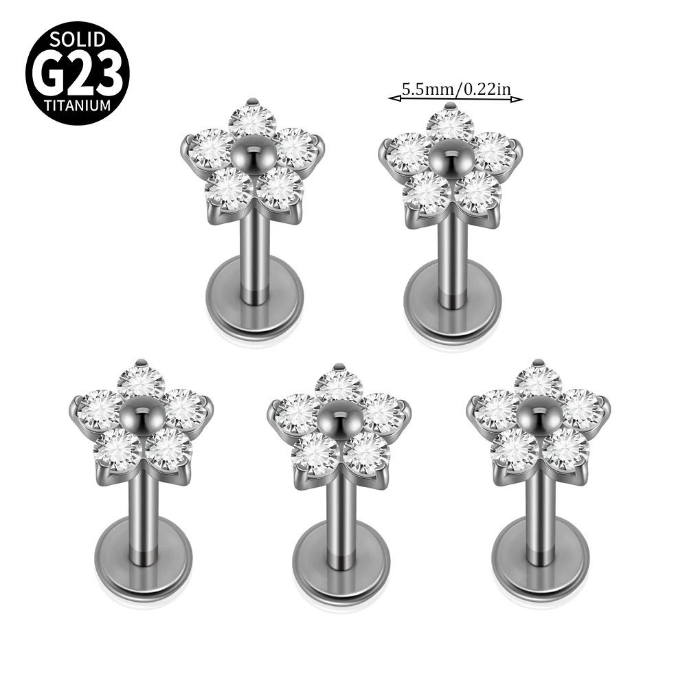 1/5PCS F-136 Implantat Titan Verschiedene Größe Blume Zirkonia Labret 16G Innengewinde Knorpel Helix Lappen Ohrring Piercing – Detail 11