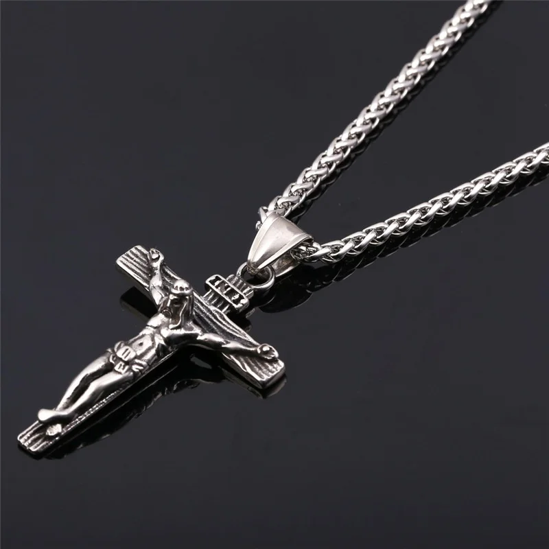 Jewelry for Men Christian Amulet Religious Jesus Cross Necklace Crucifix Pendant Handsome Men Stainless Steel Chain Jewelry
