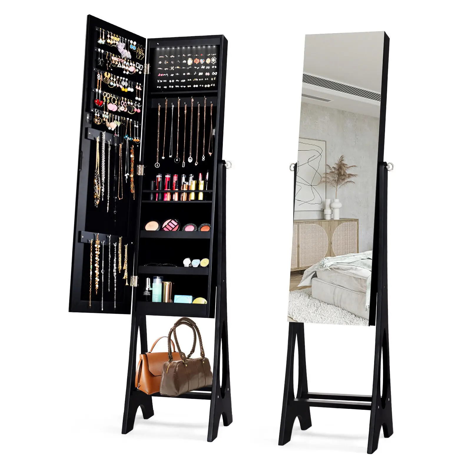 GOFLAME LED Standing Mirror Jewelry Cabinet Makeup Armoire Jewelry Organizer With Shelf