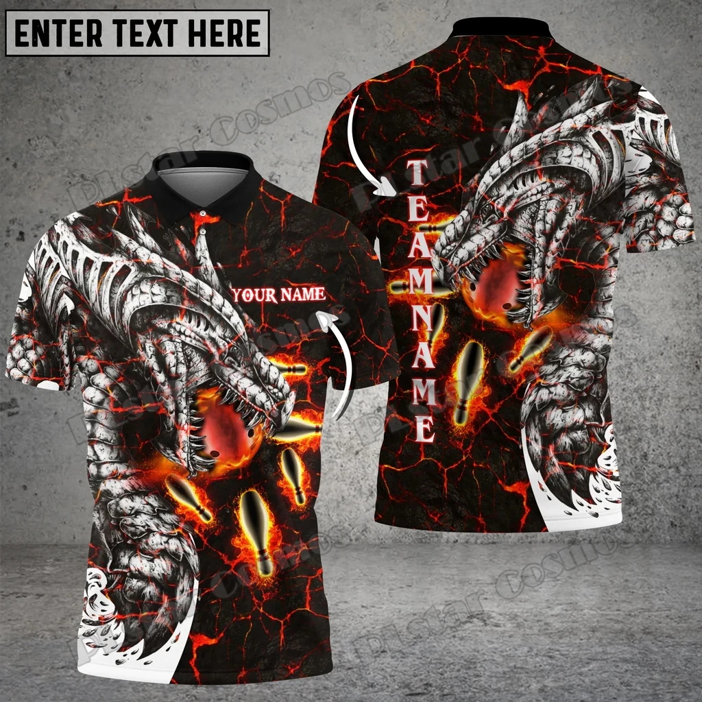 Flame Dragon Bowling And Pins Personalized Name 3D Printed Fashion Men\'s Polo Shirt Summer Street Unisex Casual Polo shirt WK116