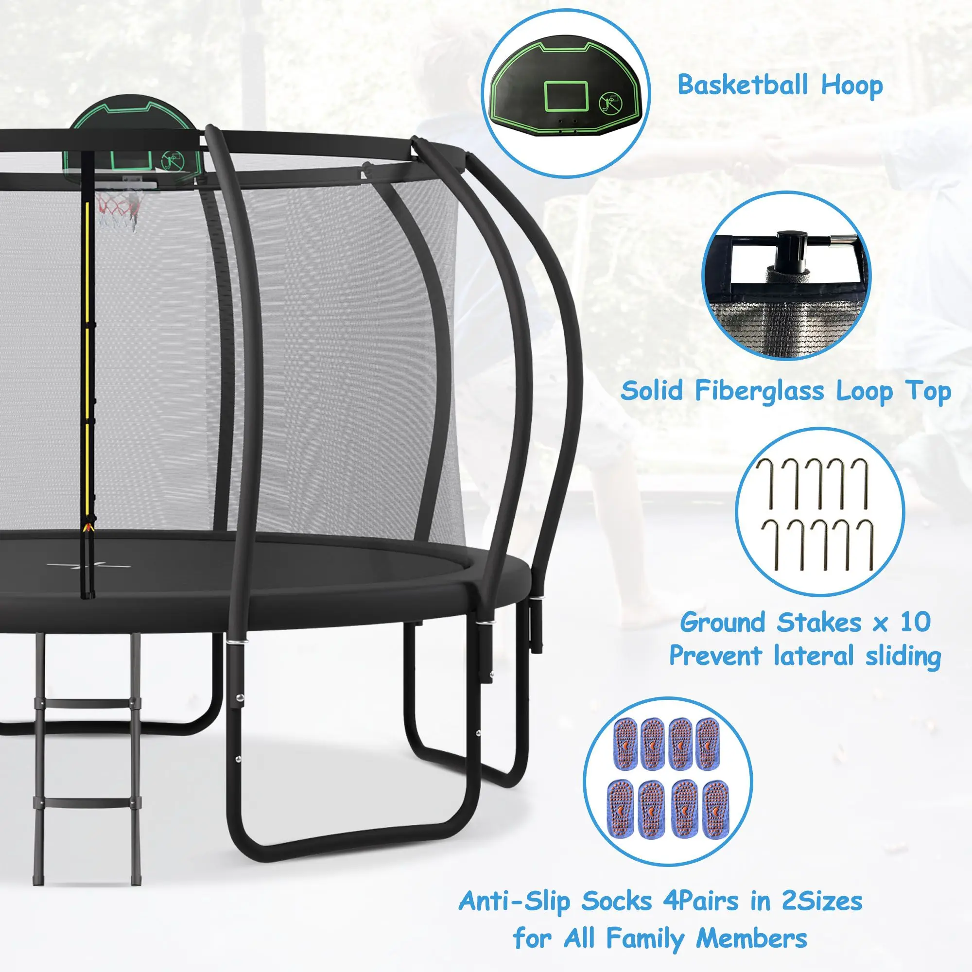 12FT Trampoline for Kids with Upgraded ArcPole and Composite TopLoop for Safety Enclosure, Plus Basketball Board and 10 Ground S