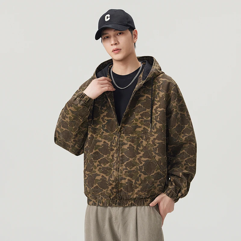 Washed Cotton Camouflage Jacket Men Women American Streetwear Fashion Loose Casual Hooded Bomber Jacket Spring Autumn Coat