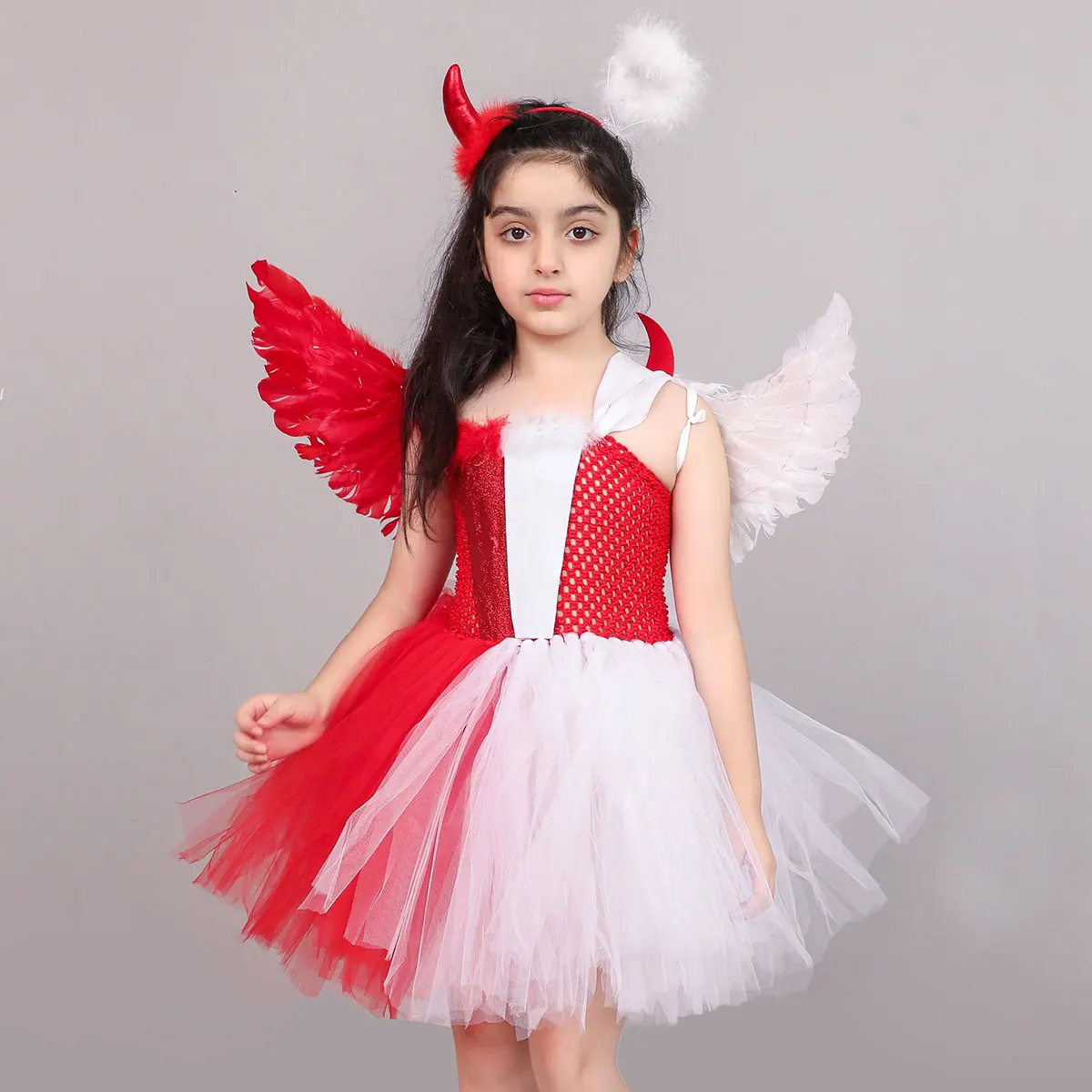 

Umorden Halloween Twisted Half Angel Half Devil Costume Cosplay for Girls Child Tutu Dress + Wings + Headband 2-12Y