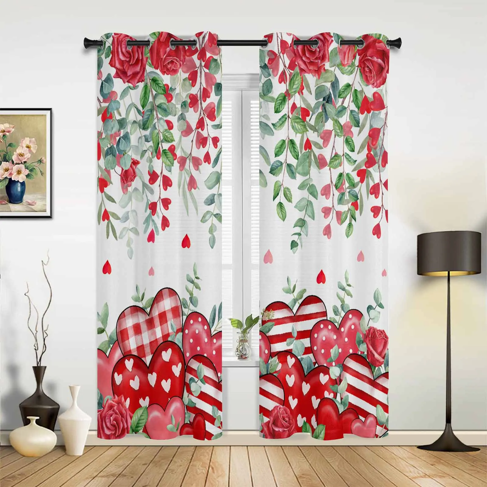 Valentine'S Day Red Heart Eucalyptus Leaves Rose Window Curtains for Living Room Bedroom Curtain Modern Kitchen Blinds Drapes