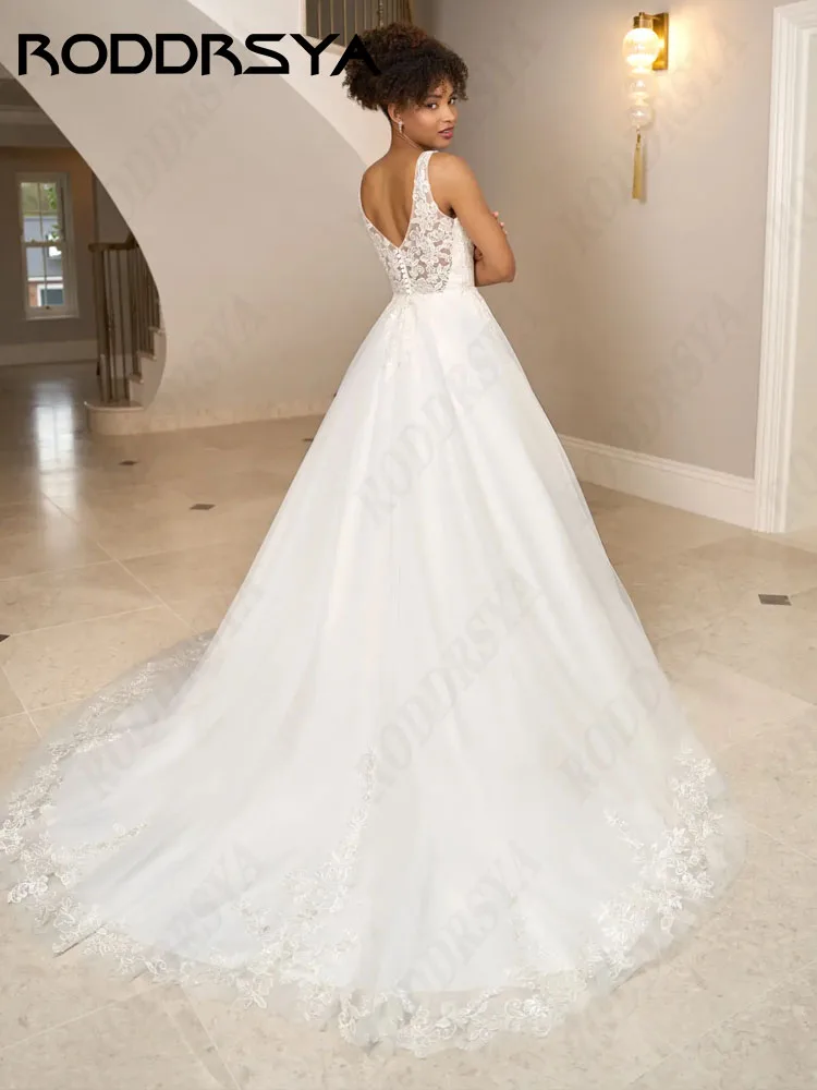 Roddrsya Elfenbein Brautkleider für Frau elegante ärmellose Tüll Brautkleid Illusion Spitze rücken freie Vestidos de Novias 2024 Elfenbein Brautkleid 2024 Braut Elegante Ärmellose Tüll Brautkleid Illusion Spitze Rücken