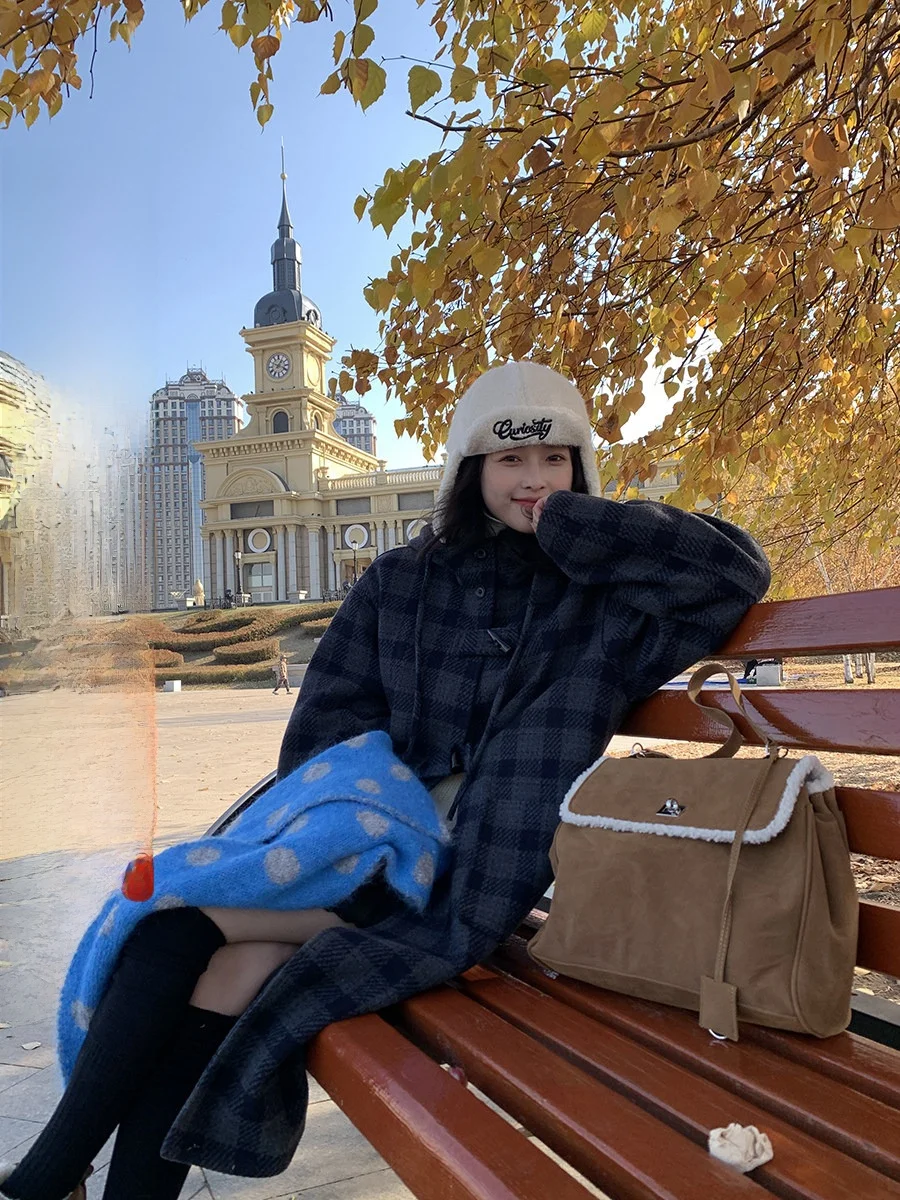 

Корейское шерстяное пальто в клетку с капюшоном, женское длинное пальто средней длины на одной пуговице, утепленная зимняя верхняя одежда