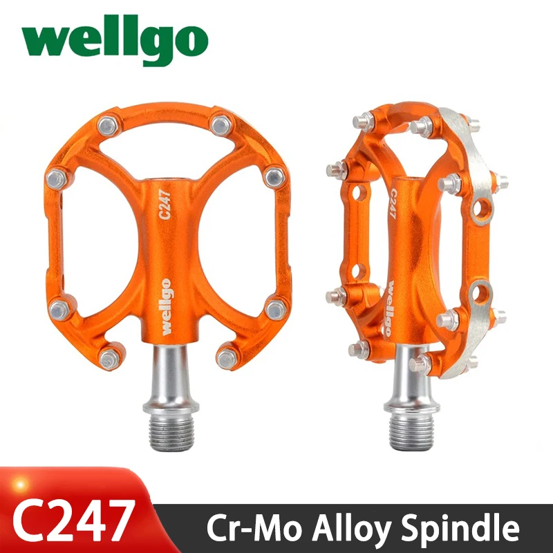 Wellgo Road Bicycle Pedal C247 3 Bearings Pedal Cr-Mo Spindle CNC AL Body Pedal with Anti-slip Pins for Bird Folding Bike MTB