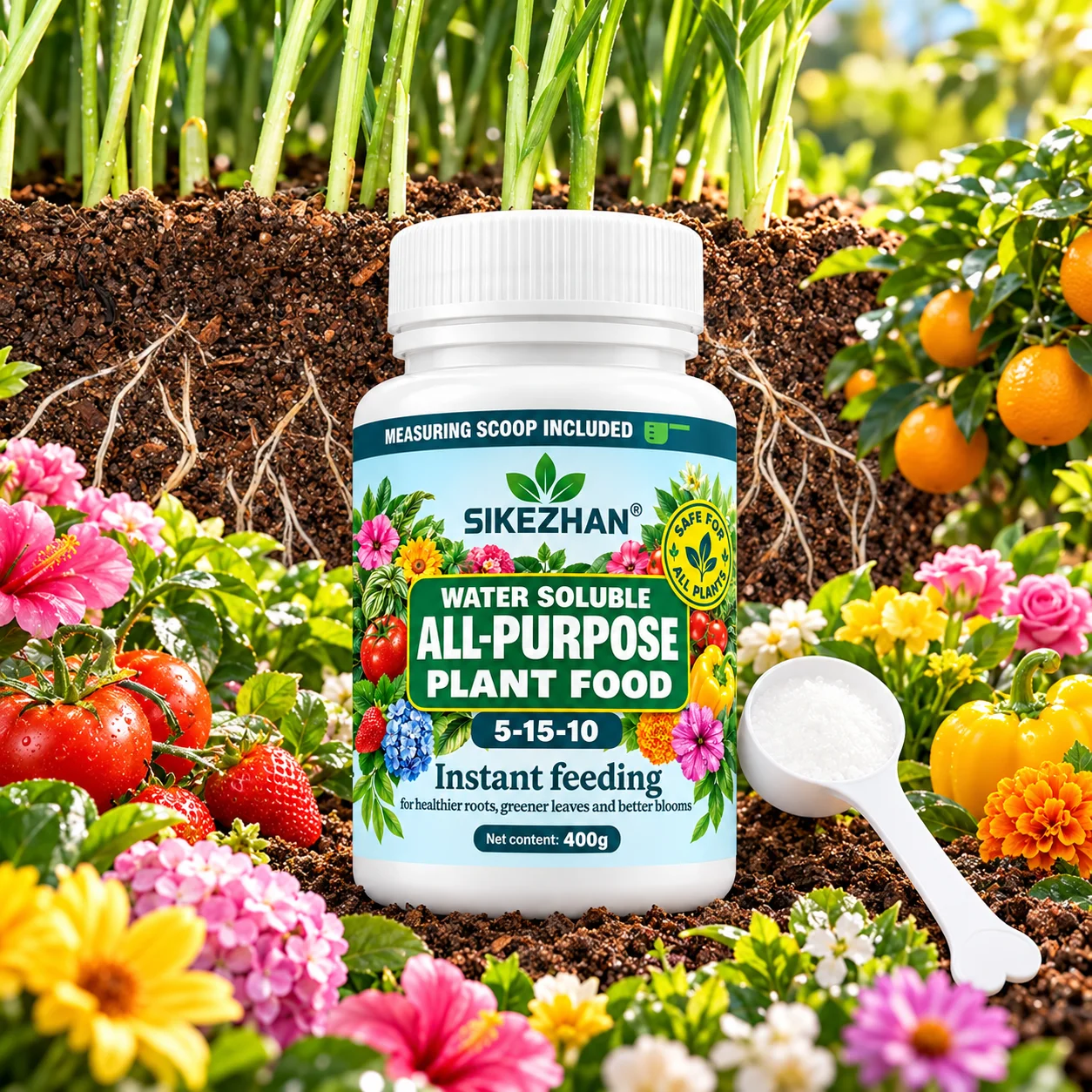 SIKEZHAN Water Soluble Plant Food 400g All-Purpose Fertilizer 5-15-10 with Measuring Scoop for Indoor Outdoor Flowers Vegetables