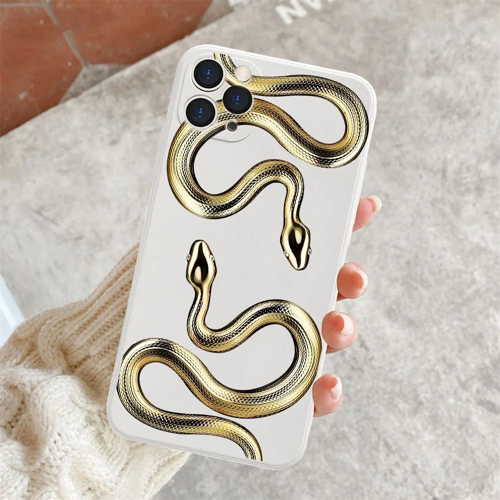 Luxurious Gold Snake Case for iPhone 15 14 13 12 11 Pro Max Mini X XR XS Max SE 7 8 Plus Case Dragon Fundas For iPhone 13 Cover