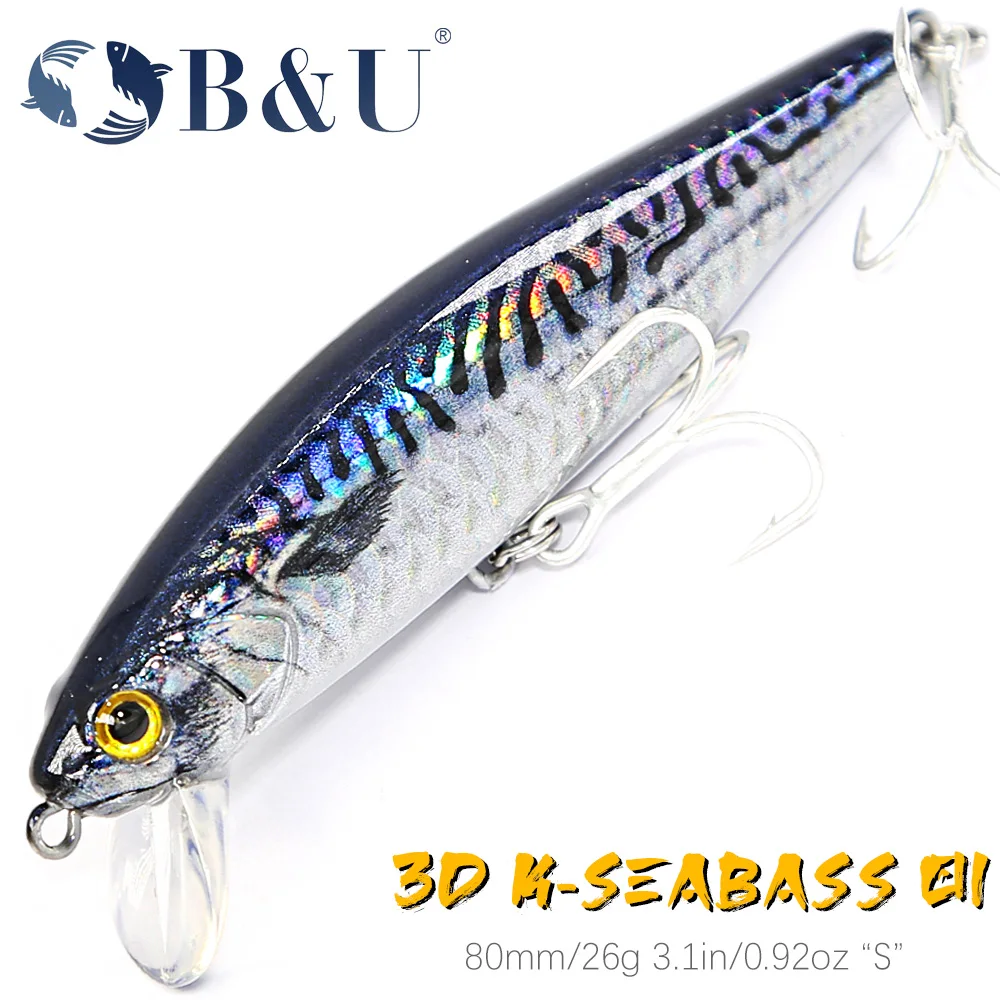 B&U 80mm Sinking Minnow Hard Lure Jerkbait Saltwater Long Casting Distance Fishing lures Sea Artificial Bait Wobblers Sea Bass