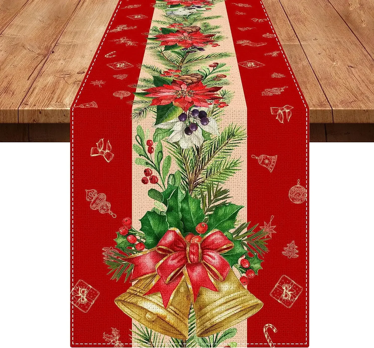 Christmas Poinsettia Bell 2026 Table Runner Party Decor Reusable Winter Xmas Kitchen Dining Table Runner Christmas Decorations