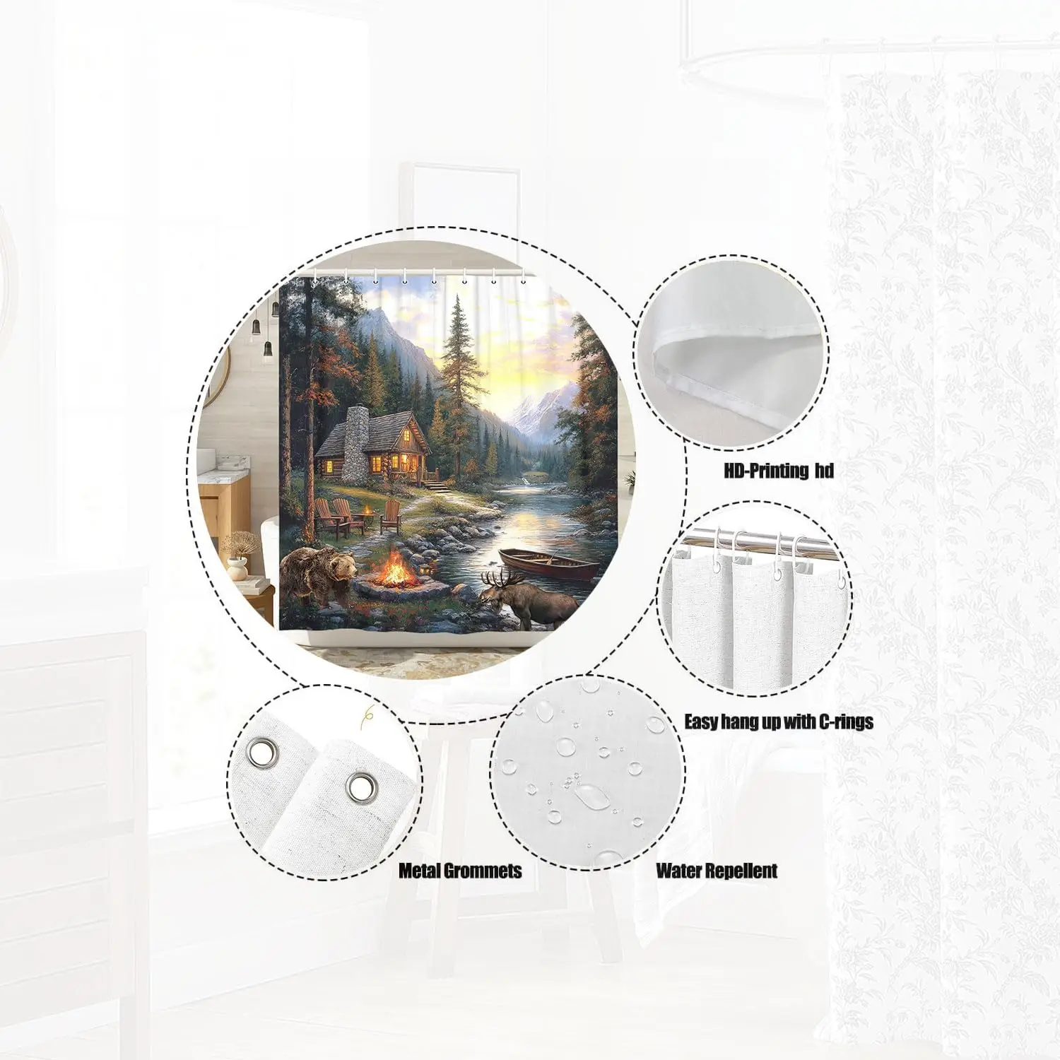 ريفي المقصورة لودج دش الستار مع الدب موس، كامو نهر بحيرة الغابات الحياة البرية ستارة حمام الصيد مخيم الغابات الريفية