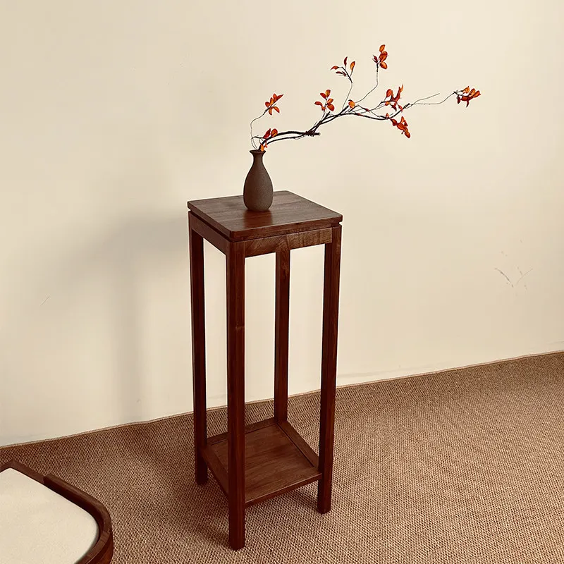 Solid Wood Double‑Tier Plant Stand Black Walnut Style New Chinese Style Floor Flower Rack Home Living Room Display Shelf