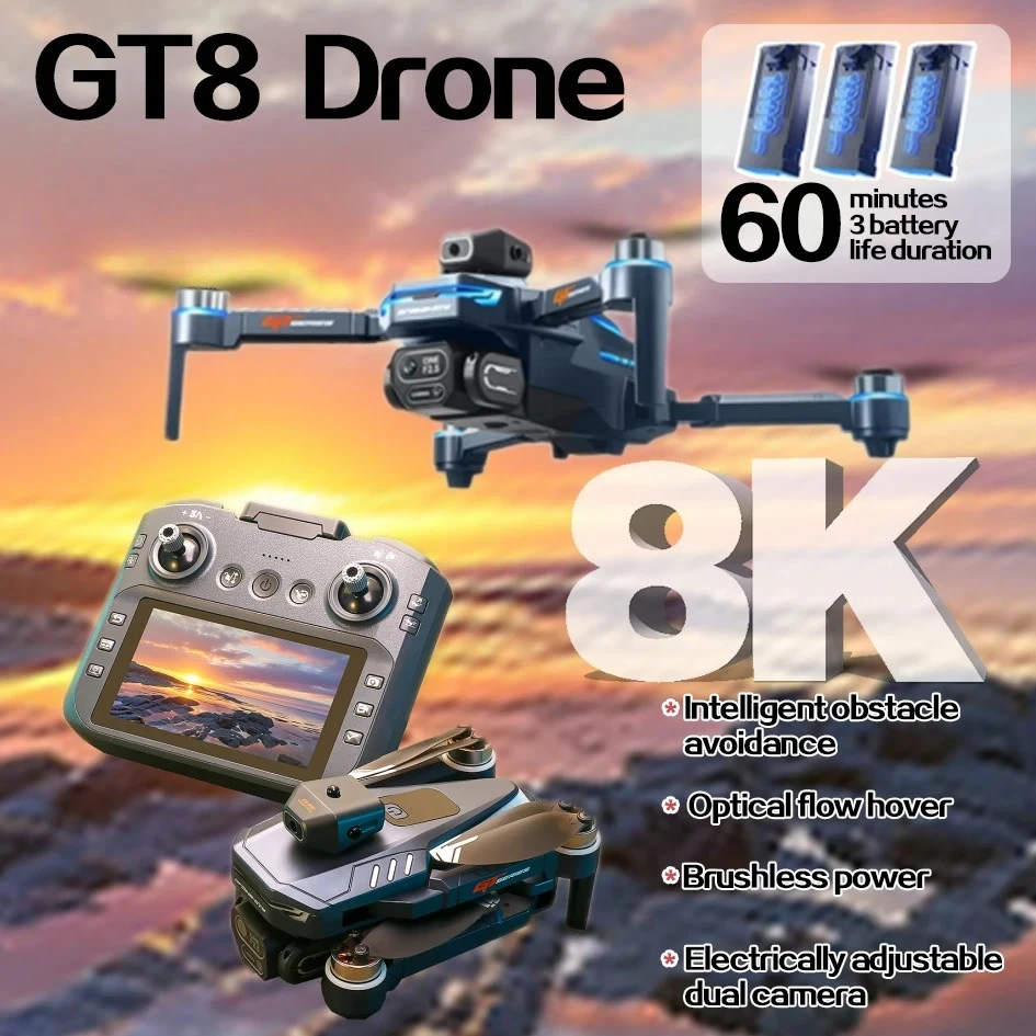

Original GT8 Drone 8k Camera with Large Screen Remote Control Brushless Motor Aerial Photography Optical Flow RC Quadcopters