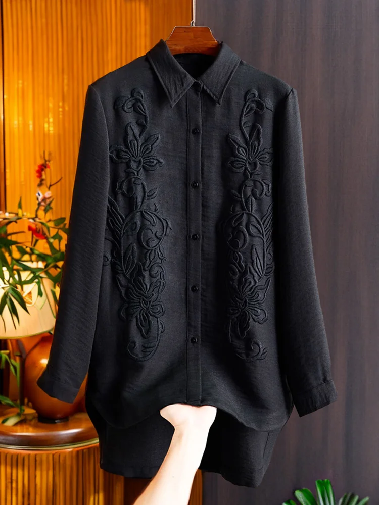 

Early Spring Vintage Collar Emed Flla irt Women's Top Korean Sle Loose Fit Long Sve Busin Casual