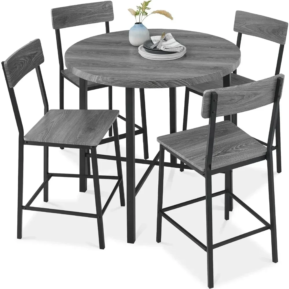 5-Piece Modern Round Counter Height Dining Set for Home Kitchen Dining Room W/ 4 Chairs 1.5in Thick Table - Gray