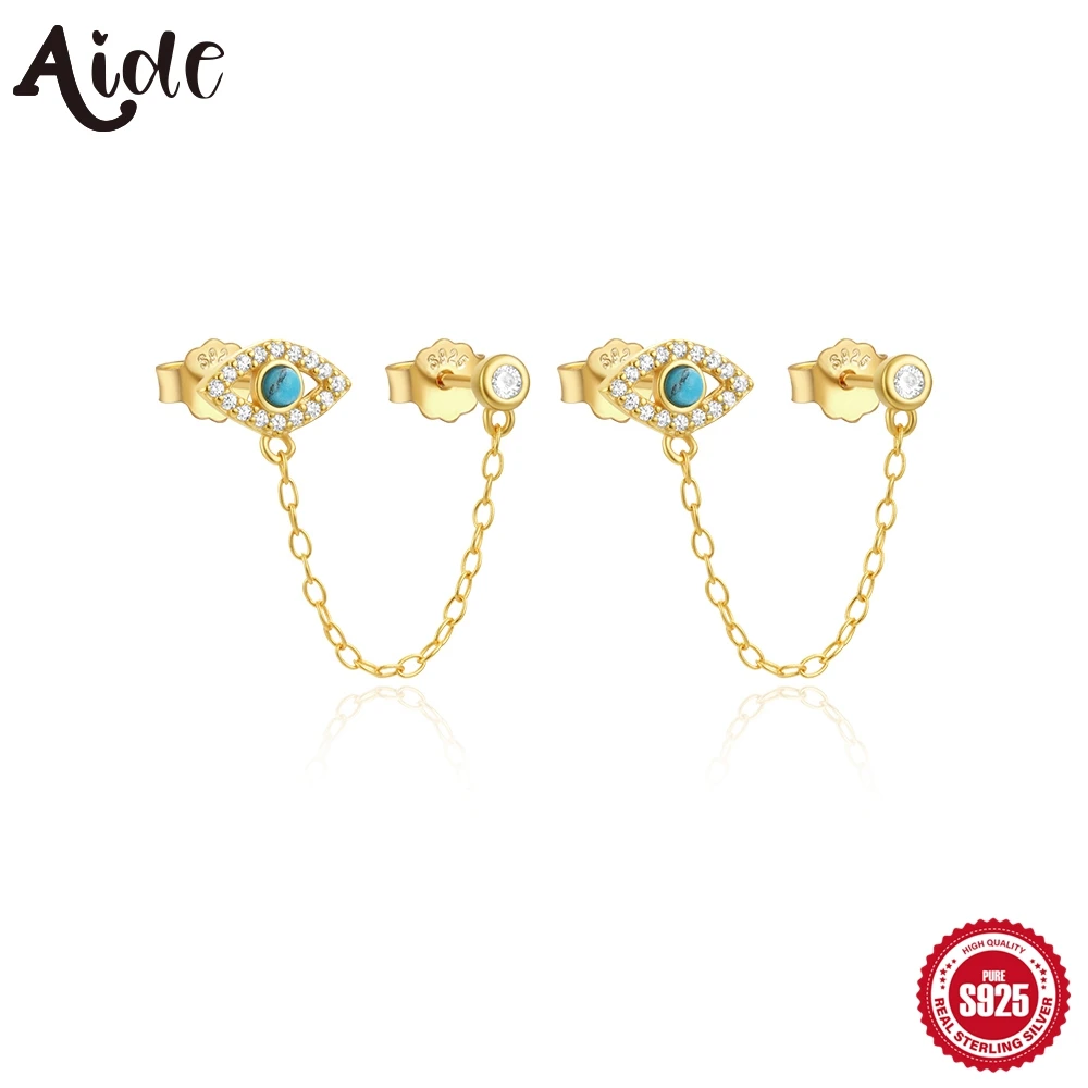 Aide 1 Pair 925 Sterling Silver Retro Turquoise Zircon Evil Eye Earrings For Women Two Studs Chain Cartilage Piercing Jewelry