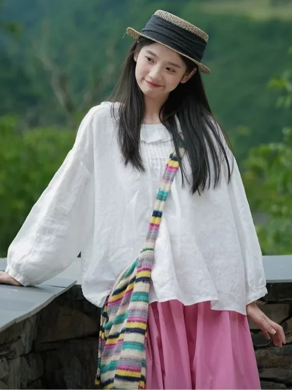 

Spring New Loose Age-Defng Soft Cotton Linen irt Women's Artistic Sle Long Sve Floral Collar Inner And Outer Wear