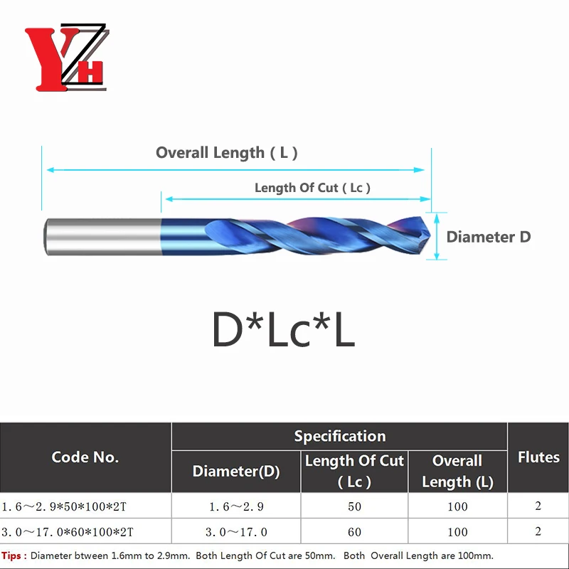 YZH Carbide Twist Drill Total Length 100mm Solid Tungsten Bits HRC65 CNC Straight Handle Drilling Hole For Metal Iron Steel