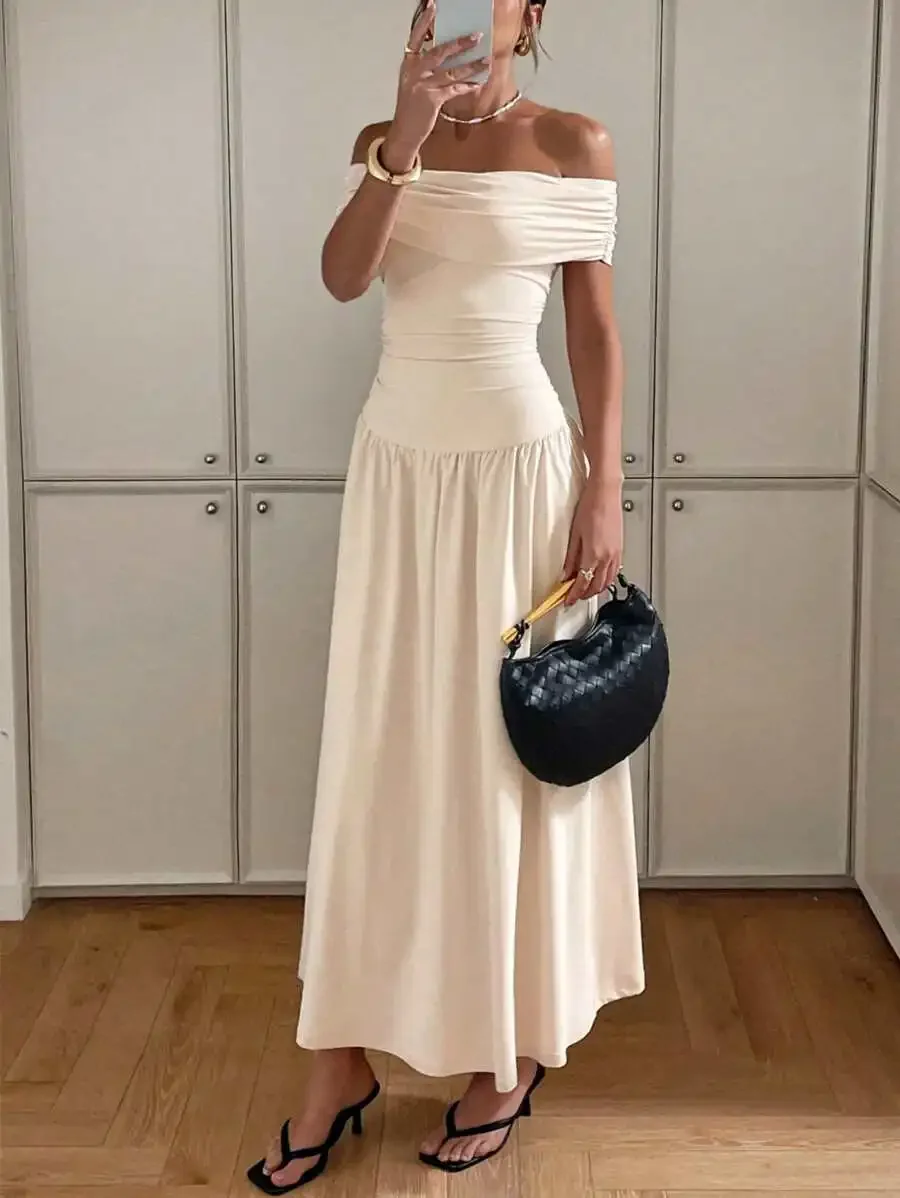 

Elegant Off-Shoulder Solid Long Dress for Women, Ankle-Length Summer Evening Dress