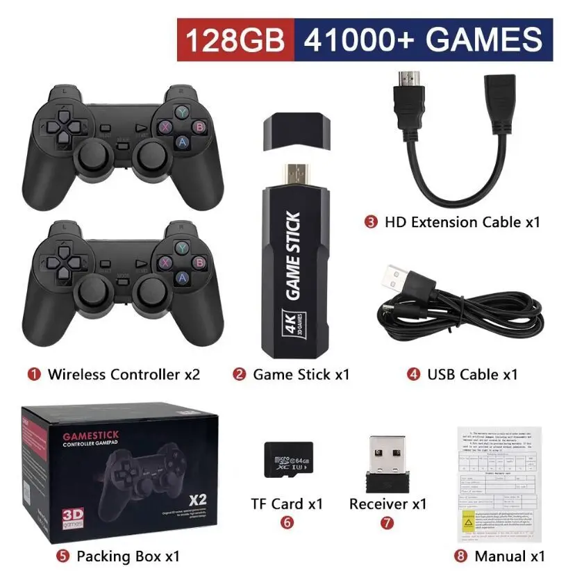 Imagem -02 - Retro Game Stick 64 gb 128gb Controladores sem Fios 2.4g Saída Hdmi 4k 40 Mais Simuladores 40000 Mais Jogos Embutidos Gd10