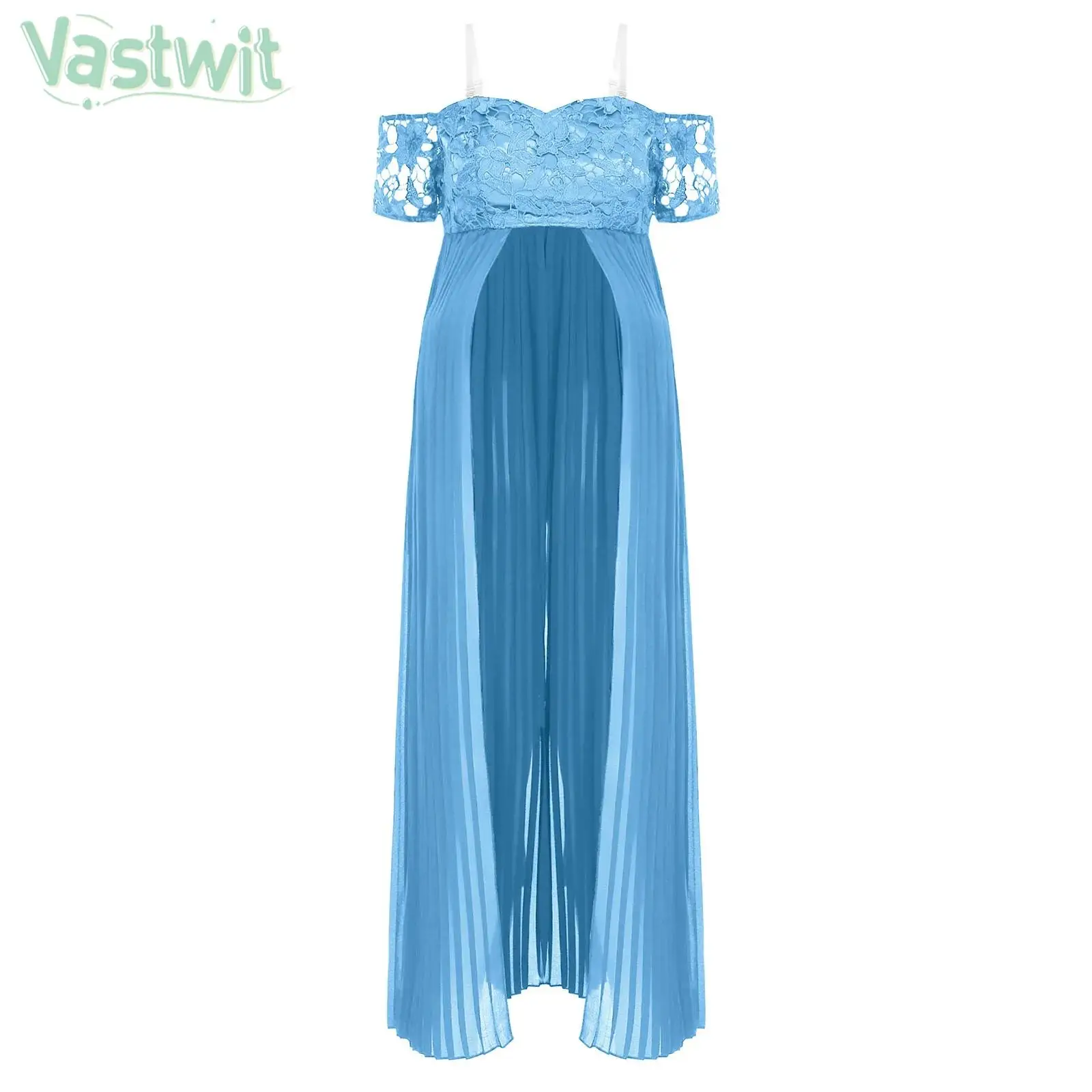 

Maternity Wedding Evening Photography Dress Detachable Adjustable Transparent Straps Lace Chiffon Split Maxi Pregnancy Gown
