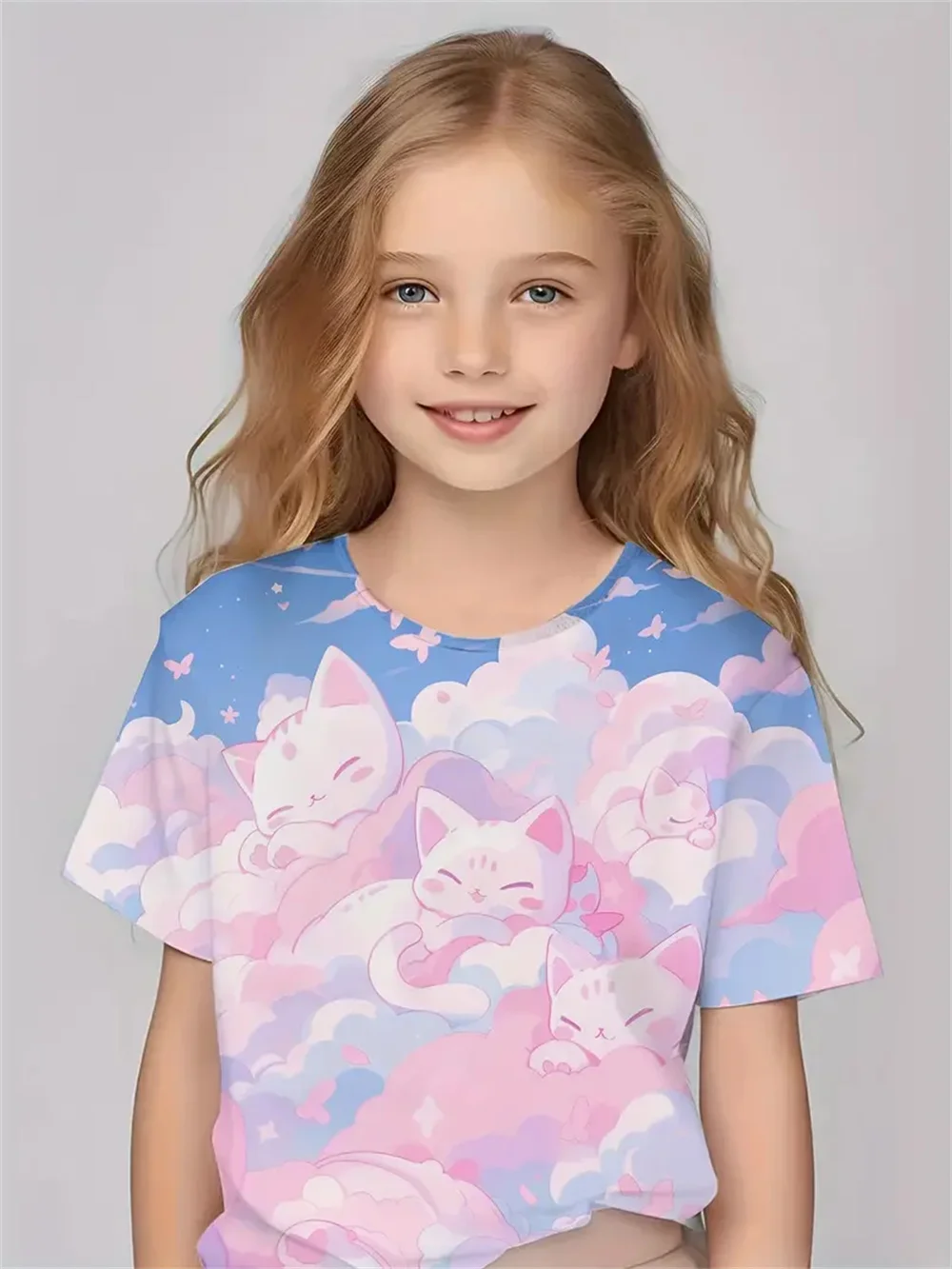 Cartoon Animals Cat 3d Print 2025 Girls' Clothing Fashion Casual T-Shirts Funny Girls' T-Shirts Summer Short Sleeved Top