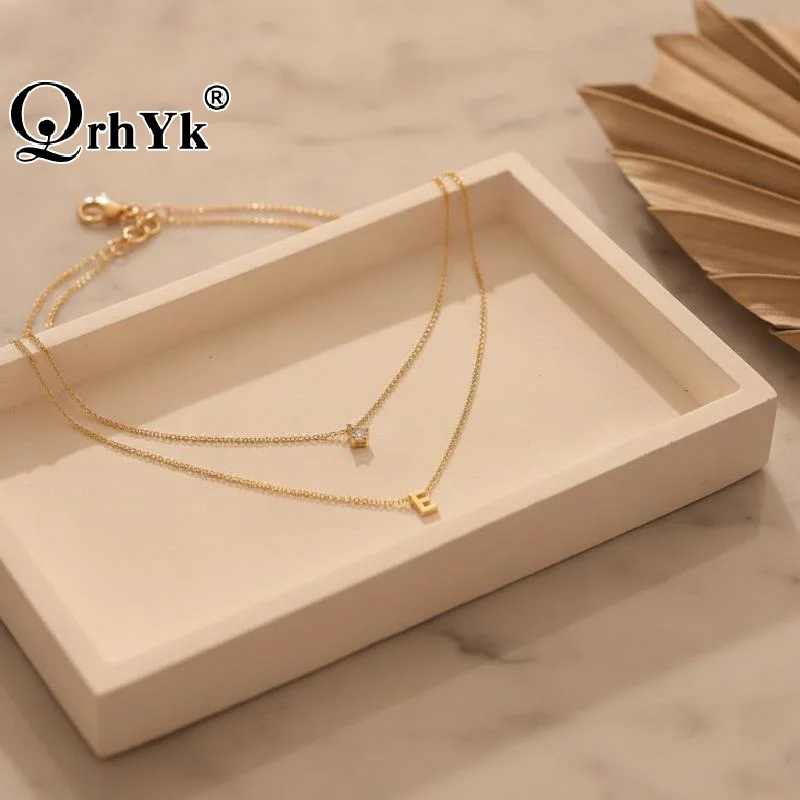 A-Z Monogram Necklace For Women, Round Solitaire & Initial Letter Double Layer Chain, Gold Color Stainless Steel Dainty Gift