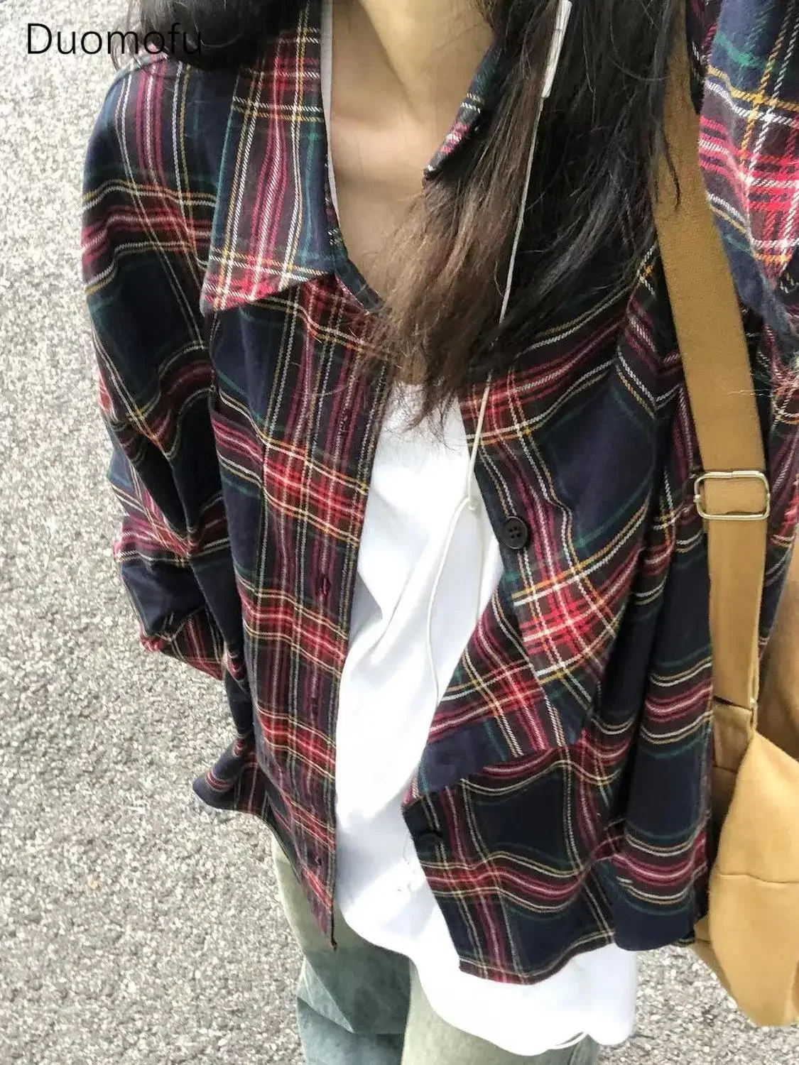 Duomofu New Classic Vintage Red Plaid Loose Simple Women Shirts Autumn High Street Contrast Color Fashion Button Female Shirts