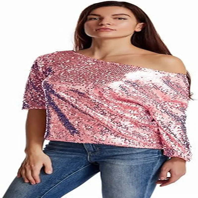 2025 European and American new style loose sequin sloping shoulder short sleeved casual sequin deep V-shirt