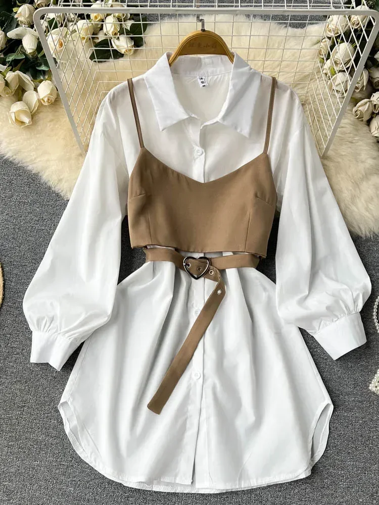 Women Spring Sautumn Dresses Temperament and High-end Small Camisole Two-piece Set Collar Long-sleeved White Vestidos D1692