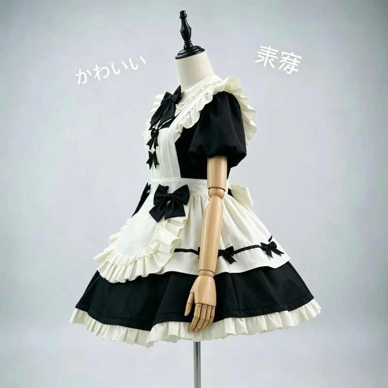 

S-5XL French Style Black Short Lolita Dress Flutter Sleeve Waist Cinching Sweet Maid Outfit with Apron Kawaii Cosplay Uniform