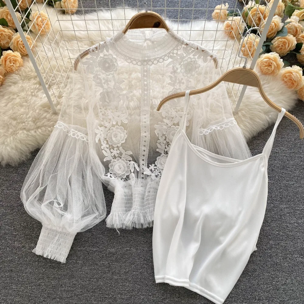 2Pcs/Set Summer Lace Puff Long Sleeve Blouse 3D Flower Fashion Cropped Top Vintage Casual Women Shirts Clothing Women Gifts