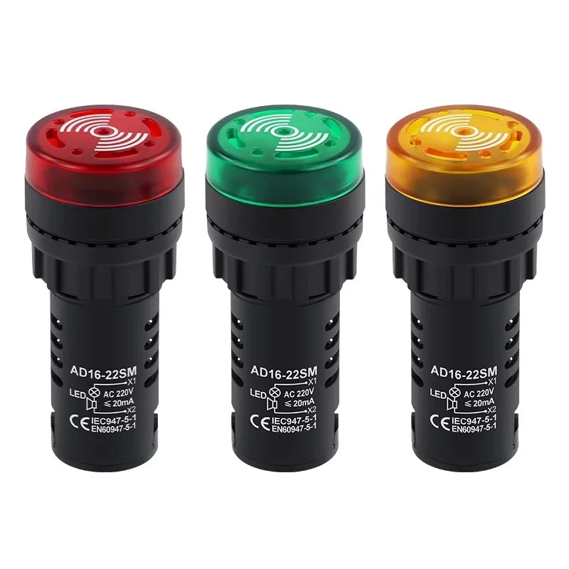 AD16-22SM 22mm Panel Diameter AC DC 12V 24V 110V 220V Flash Signal Light Red LED Buzzer Beep Alarm Indicator Green Yellow