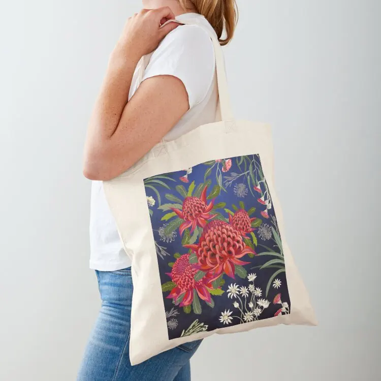 Botanical Australian native flowers, Waratah, forals, red, blue, bright contemporary art Tote Bag Shopping bags bags for women