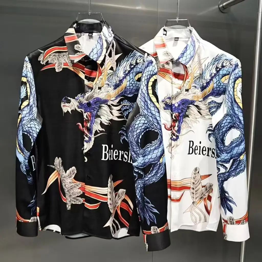 Fashion New Oversized Hip Hop Mens With Diamonds Shirt Vintage Dragon Print Shiny Casual High Quality Long Sleeve Designer Shirt