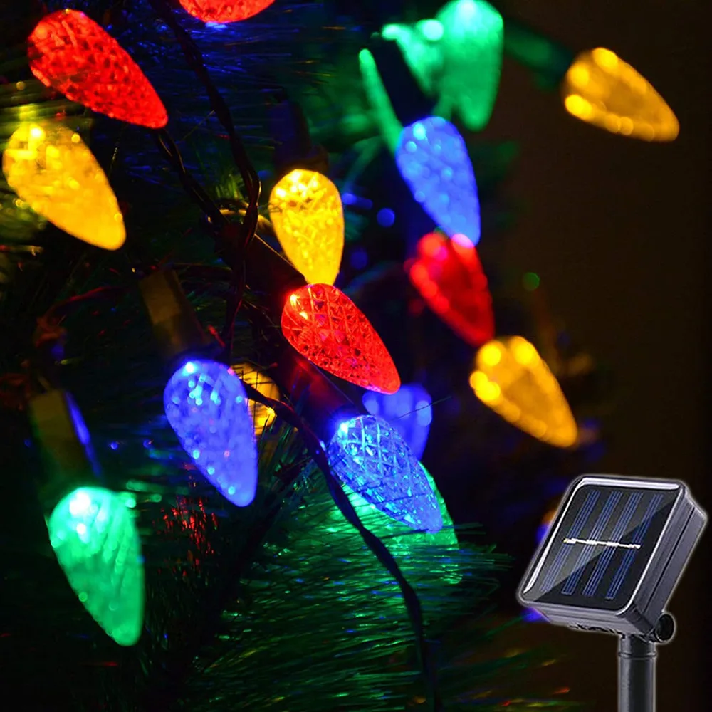 12M 100 LEDS Christmas String Lights Outdoor Solar Lights C7 Bulbs Garland Fairy Lights Outdoor Lighting Xmas Tree Decor 380