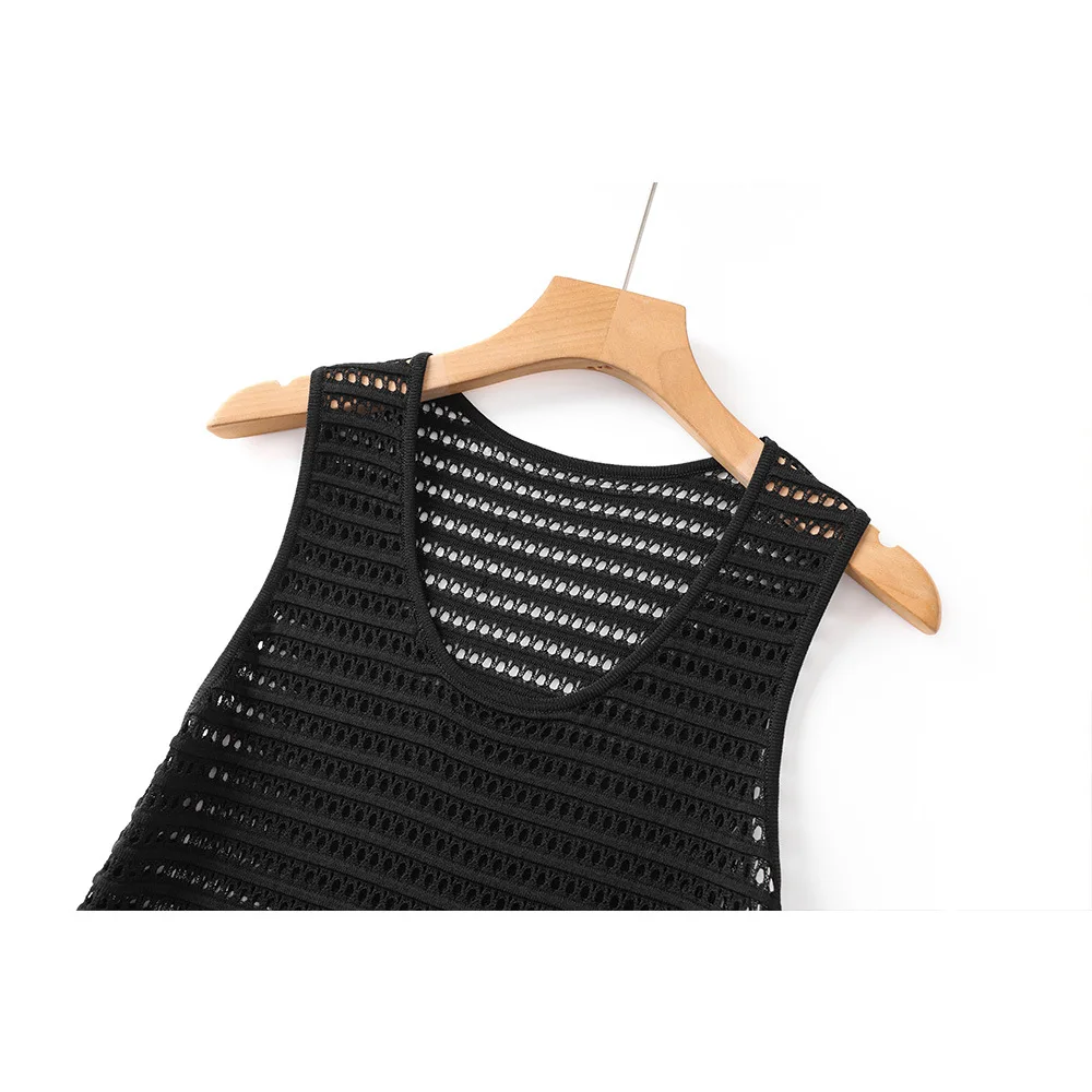 personalizzato Spot temperamento socialite nero sexy scava fuori senza maniche gonna a ombrello lavorata a maglia di media lunghezza 2025 nuovo abito di nicchia