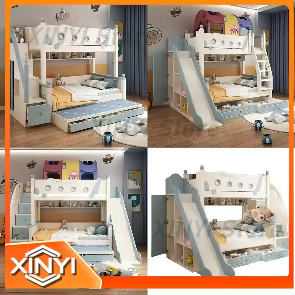 High Quality Wooden Princess Bunk Beds with Slides and Lockers for Kids Bedroom Furniture for Children Ages 3-12 for Twin