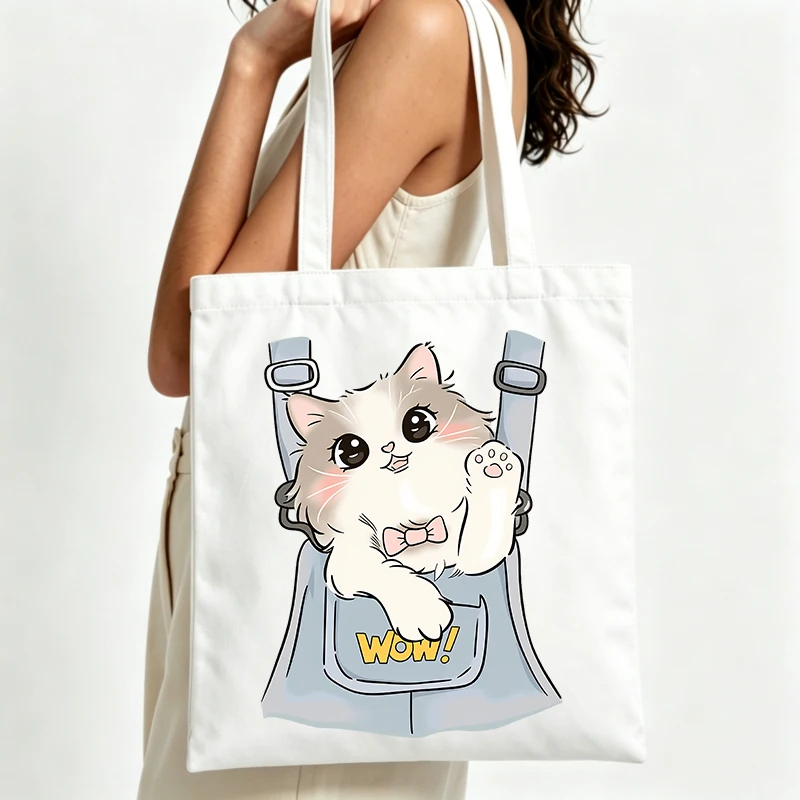 Cute Cat Graphic Canvas Tote Bag Casual Style Daily Shopping Outings Printing Shopping Tote Bag