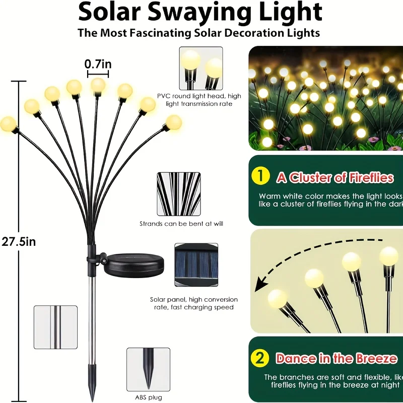 6pcs Solar Outdoor Lights Garden LED Solar Lights Firefly Lawn Lamp for Path Landscape Walkway Decorations for Garden Patio IP65
