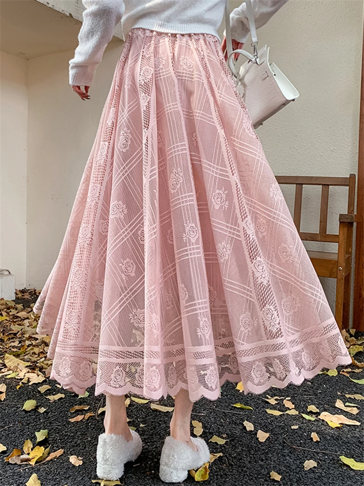 Seoulish กระโปรงถักโครเชต์ลูกไม้เอวสูงสำหรับผู้หญิงกระโปรงยาวทรงร่มสไตล์เกาหลีสำหรับใส่ในงานเลี้ยง2023ใหม่