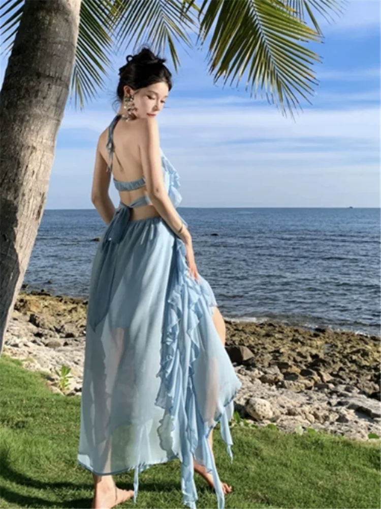 Seaside Fashion Holiday Layered Ruffles high split Long Blue Dress Women  Vacation Hollow Waist Backless V Neck Beach Fairy Dress - AliExpress  200000345